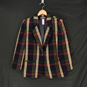 Sag Harbor Vintage 90s Y2K Wool Blend Earth Tone Plaid Blazer Womens size 12